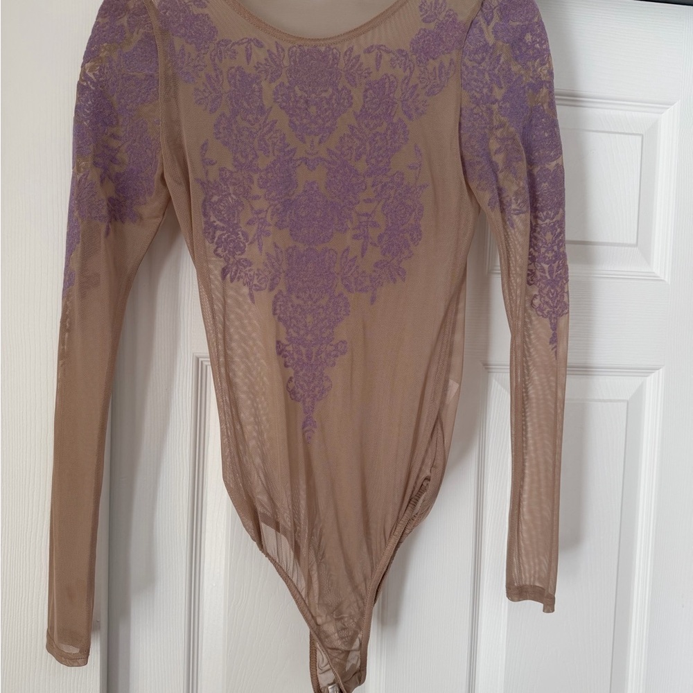 Chic Sheer Bodysuit with Purple Floral Accents